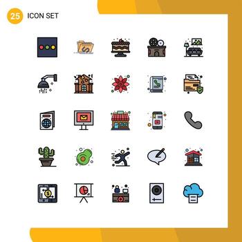 conjunto de color plano de línea llena de interfaz móvil de 25 pictogramas de elementos de diseño de vector editables de entretenimiento de boleto de pastel de hogar de sofá