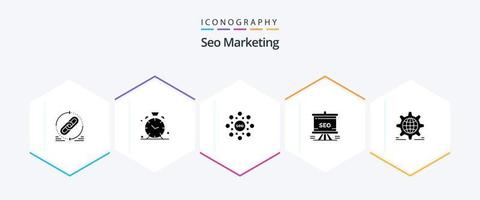 Seo Marketing 25 Glyph icon pack including analytics. traning. alert. presentation. seo vector