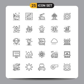 conjunto de línea de interfaz móvil de 25 pictogramas de torre de transmisión de disco transmisión de hacha elementos de diseño vectorial editables eléctricos vector