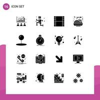 Universal Icon Symbols Group of 16 Modern Solid Glyphs of done pin film coordinate food Editable Vector Design Elements