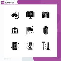 Group of 9 Solid Glyphs Signs and Symbols for flag mony calender building world Editable Vector Design Elements