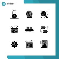 9 Universal Solid Glyphs Set for Web and Mobile Applications factory box kitchen belt battery Editable Vector Design Elements