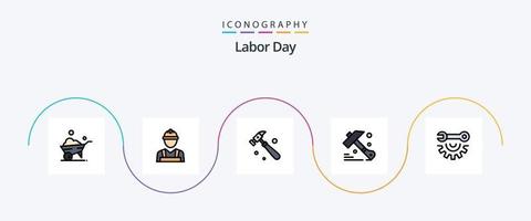 la línea del día del trabajo llenó el paquete de iconos planos 5 que incluye. herramientas manuales. construcción. herramientas de garaje. herramienta vector