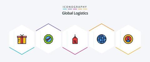 Global Logistics 25 FilledLine icon pack including global. world. tag. internet. global vector