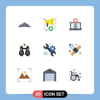 9 concepto de color plano para sitios web móviles y aplicaciones localizar explorar altavoz binoculares gps elementos de diseño vectorial editables vector