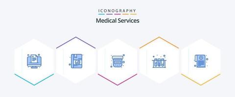 Medical Services 25 Blue icon pack including report. medication. drugs. medical report. test vector