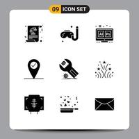 9 User Interface Solid Glyph Pack of modern Signs and Symbols of maintenance app hex settings check in Editable Vector Design Elements