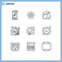 Set of 9 Modern UI Icons Symbols Signs for saving management brightness bag apple Editable Vector Design Elements