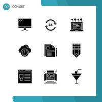 Group of 9 Solid Glyphs Signs and Symbols for network cloud round the clock computer laptop Editable Vector Design Elements