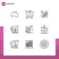 Pack of 9 Modern Outlines Signs and Symbols for Web Print Media such as alarm kettle agriculture hot brew Editable Vector Design Elements