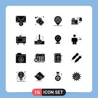 Group of 16 Modern Solid Glyphs Set for television publishing location publish online Editable Vector Design Elements