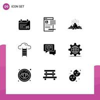 9 Thematic Vector Solid Glyphs and Editable Symbols of interface cloud report stair mountain Editable Vector Design Elements