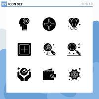 User Interface Pack of 9 Basic Solid Glyphs of market plus gemstone new create Editable Vector Design Elements