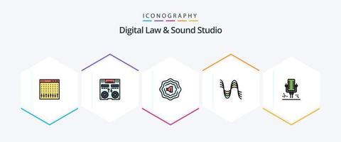 paquete de iconos de 25 líneas rellenas de estudio de derecho y sonido digital que incluye micrófono. sonido. mezclador. presión. hercios vector