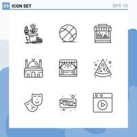Mobile Interface Outline Set of 9 Pictograms of entertainment muslim education mosque building Editable Vector Design Elements