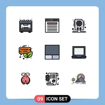 conjunto moderno de 9 colores planos y símbolos de línea de llenado, como elementos de diseño de vectores editables de correo electrónico de boletín de datos de promoción de cuadrícula