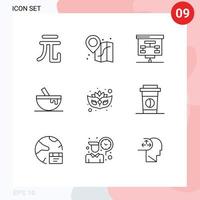 Group of 9 Outlines Signs and Symbols for coffee mask presentation carnival food Editable Vector Design Elements