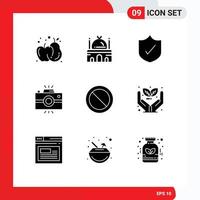 Group of 9 Modern Solid Glyphs Set for basic vintage camera antivirus retro camera Editable Vector Design Elements