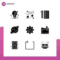 User Interface Pack of 9 Basic Solid Glyphs of gear saturn party planet development Editable Vector Design Elements