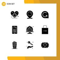 9 Thematic Vector Solid Glyphs and Editable Symbols of basket mobile shopping device crypto currency Editable Vector Design Elements