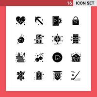 Pack of 16 Modern Solid Glyphs Signs and Symbols for Web Print Media such as meteor asteroid design heart lock heart Editable Vector Design Elements