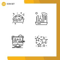 Set of 4 Vector Filledline Flat Colors on Grid for taco computer city dome digital Editable Vector Design Elements