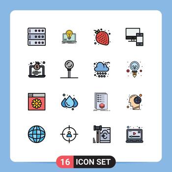 User Interface Pack of 16 Basic Flat Color Filled Lines of laptop pc fruit mac computer Editable Creative Vector Design Elements