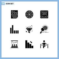 9 User Interface Solid Glyph Pack of modern Signs and Symbols of funnel analysis center signal connection Editable Vector Design Elements