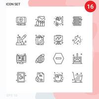 paquete de 16 signos y símbolos de contornos modernos para medios de impresión web, como gotero de pipeta, gotero de medicina, servidores de pruebas químicas brutas, elementos de diseño de vectores editables