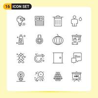 Modern Set of 16 Outlines Pictograph of clean cream trash human camp Editable Vector Design Elements