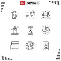 Pack of 9 Modern Outlines Signs and Symbols for Web Print Media such as mobile application application shopping light candle Editable Vector Design Elements