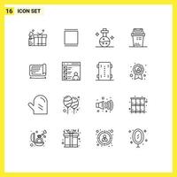 Modern Set of 16 Outlines Pictograph of display trash flask junk bin Editable Vector Design Elements