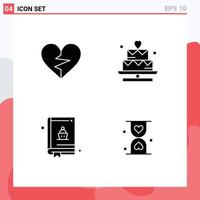 Pack of 4 Modern Solid Glyphs Signs and Symbols for Web Print Media such as heart baking favorite heart book Editable Vector Design Elements