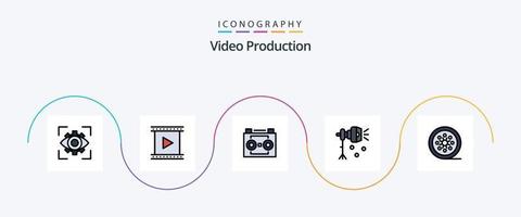 la línea de producción de video llenó el paquete de iconos planos 5 que incluye un rayo. iluminación. película. grabación de sonido. audio digital vector