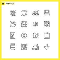 Group of 16 Outlines Signs and Symbols for design food lab beetroot hardware Editable Vector Design Elements