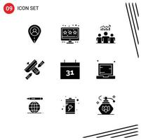 Modern Set of 9 Solid Glyphs Pictograph of date transmitter team satellite broadcasting Editable Vector Design Elements