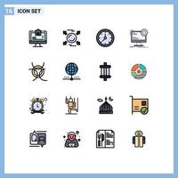 Pack of 16 Modern Flat Color Filled Lines Signs and Symbols for Web Print Media such as danger site clock page internet Editable Creative Vector Design Elements
