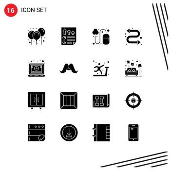 16 glifos sólidos universales establecidos para aplicaciones web y móviles kit de vigilancia en línea informe cuadrícula repetida elementos de diseño vectorial editables vector
