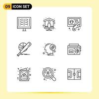 Pack of 9 creative Outlines of brain fun hobbies game basket Editable Vector Design Elements