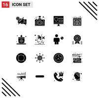 16 User Interface Solid Glyph Pack of modern Signs and Symbols of browser seo news awards web Editable Vector Design Elements