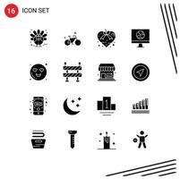 Pack of 16 creative Solid Glyphs of network connect heart computer present Editable Vector Design Elements