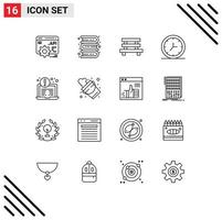 Outline Pack of 16 Universal Symbols of security antivirus city wall clock Editable Vector Design Elements