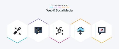 Web And Social Media 25 FilledLine icon pack including video. up. data. arrow. connect vector