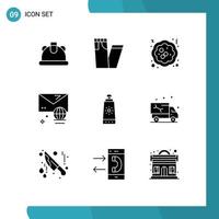 Pack of 9 Modern Solid Glyphs Signs and Symbols for Web Print Media such as car sunblock food beach internet Editable Vector Design Elements