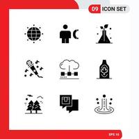 Mobile Interface Solid Glyph Set of 9 Pictograms of media computing science cloud microphone Editable Vector Design Elements