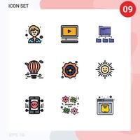 Pack of 9 Modern Filledline Flat Colors Signs and Symbols for Web Print Media such as label travel folders airballoon air Editable Vector Design Elements