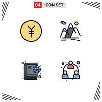 Universal Icon Symbols Group of 4 Modern Filledline Flat Colors of coin globe mountains hiking online Editable Vector Design Elements