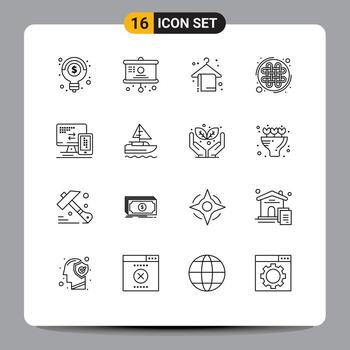 16 contornos universales establecidos para aplicaciones web y móviles computadora móvil toalla de playa nudo irlanda elementos de diseño vectorial editables vector