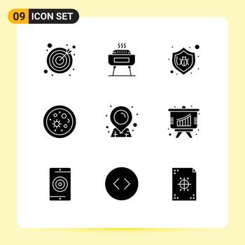 Pack of 9 creative Solid Glyphs of sticky location bug science life Editable Vector Design Elements