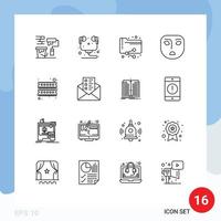 Mobile Interface Outline Set of 16 Pictograms of hardware computer share face angry Editable Vector Design Elements